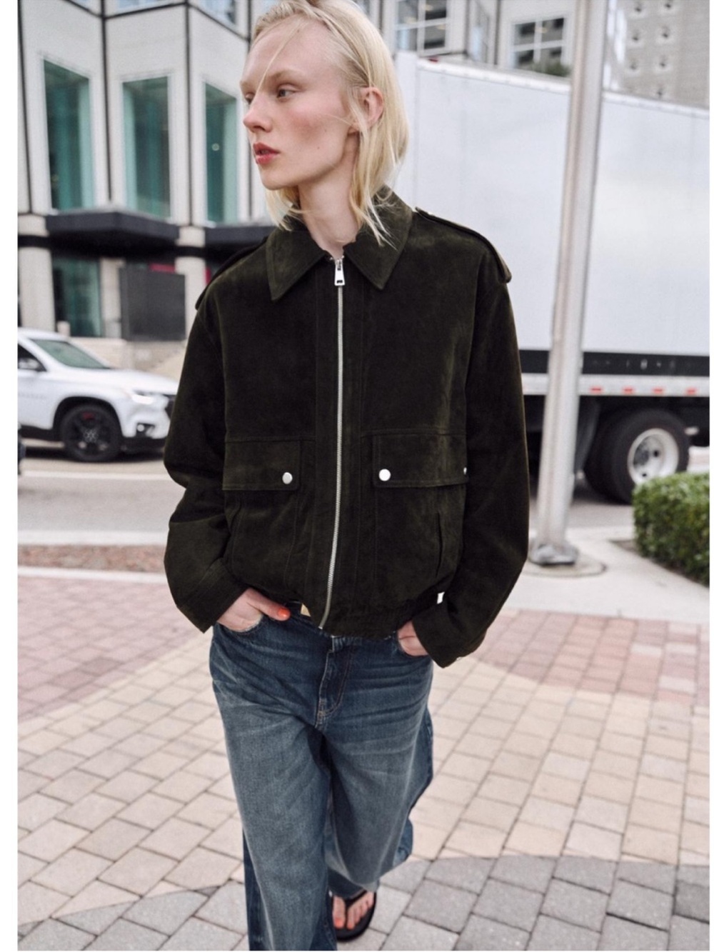 Women's Olive Green Suede Bomber Jacket - Zara